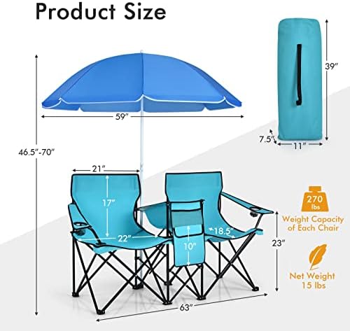 ARLIME Double Folding Beach Chairs with Umbrella, Outdoor Picnic Portable Loveseat Chairs with Removable Umbrella & Mini Table Carrying Bag, Camping Chair for Patio, Pool, Park (Turquoise) - Image 2
