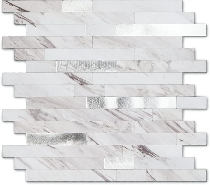 Yipscazo 5 Sheets Peel and Stick Stone Metal Tile Backsplash, Stick on Tiles for Backsplash Kitchen, Bathroom, Laundry Room, Camper, Fireplace (12'' X 12'', Bright Carla White) by Yipscazo