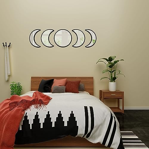 5-Piece Black Acrylic Moon Phase Wall Mirror Set - Shatterproof Safety Design, Easy Stick-On Installation, Boho Celestial Decor for Bedroom Living Room - Image 6