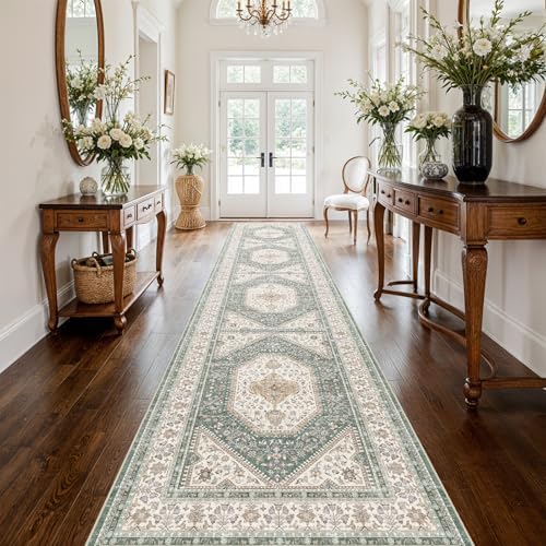 3x16 Washable Hallway Runner Rug - Non-Slip Wide Vintage Rugs Green Beige - Image 2