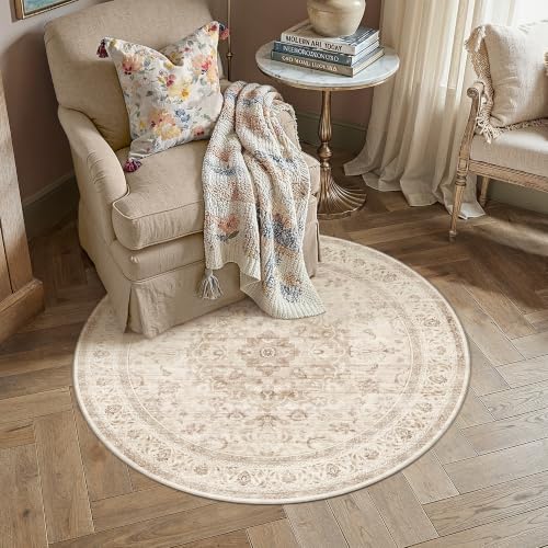 4R Beige Washable Round Rug Non Slip Vintage Carpet by WondRg