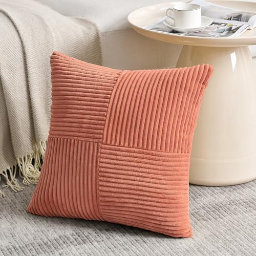 Fancy Homi 2 Packs Coral Decorative Throw Pillow Covers 18x18 Inch for Living Room Couch Bed, Rustic Farmhouse Boho Home Decor, Soft Corss Corduroy Patchwork Textured Peach Cushion Case 45x45 cm - Image 2