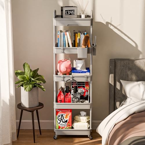 Sorgion 5 Tier Rolling Cart Organizer,Bathroom Cart Organizers with Wheels Laundry Room Organization Mobile Shelving Unit Utility Cart Storage Shelves Multi-Functional for Office, Home(Grey) - Image 2