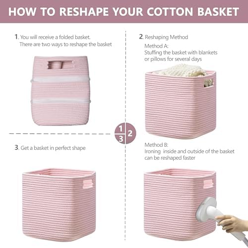 UBBCARE Storage Cubes 11 Inch, Cotton Rope Woven Baskets for Organizing, Cube Storage Bin for Baby Nursery, 4-Pack Square Toy Storage Baskets for Shleves Organizer, Closet, Kidsroom, Pink - Image 7