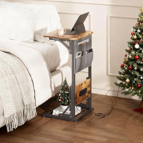 HLDIRECT C Shaped End Table with Charging Station & Storage Bag Brown - Image 2