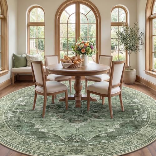 RELEANY Washable Area Rug, Round 10ft, Green/Dark Green/Gray - Image 3