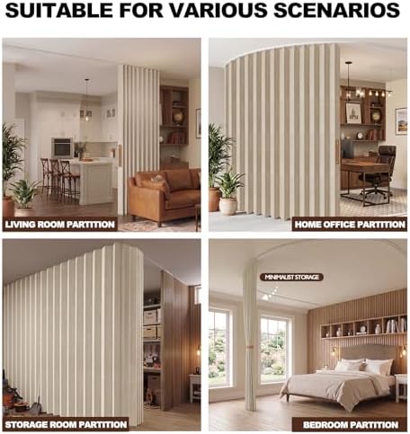 ILRON Accordion Folding Room Partition with Ceiling Track - Retractable Room Divider Curtain, Effortless Setup(Beige 100" W x 96" L-Pack of 1) - Image 2
