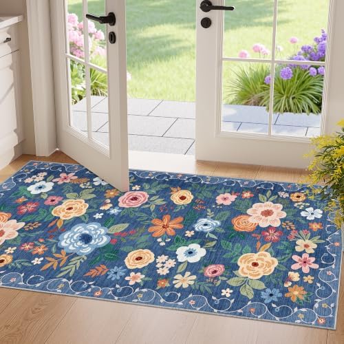 DUKINO 2x4 Entryway Rug, Floral Washable Kitchen Rugs Non Slip, Blue by DUKINO