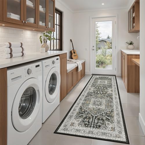 Madane Washable Runner Rug 2x6 Runners for Hallways, Grey Green/Black Olive by Madane