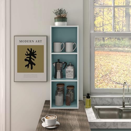 Homes: Inside + Out Apexa 3-Cube Storage Organizer Shelves, Stackable Wood Bookcase Fits Cubby Bins for Organization, Dorm Teen Room Decor & Home Office, Light Blue - Image 2