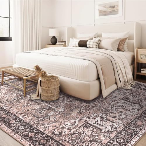 Hanples 5x7 Area Rugs for Living Room, Washable Rug Vintage Floral, Brown - Image 2