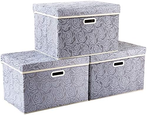 PRANDOM Large Storage Boxes with Lids [3-Pack] Fabric Decorative Storage Bins Cubes Organizer Containers Baskets with Handles for Closet Grey 17.7x11.8x11.8 In For 6+ Year Old Boys and Girls by Prandom