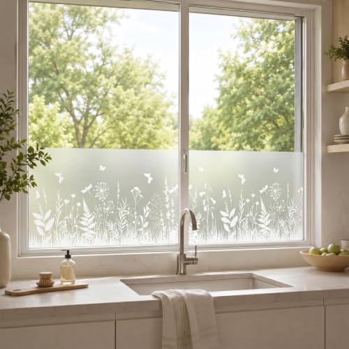 Static Cling Privacy Window Film, 78" x 17" Frosted Glass Covering with Wildflower & Botanical Patterns, Removable No Glue Window Film for Home Bathroom Bedroom Office (Butterfly & Fern Botanical) - Image 4