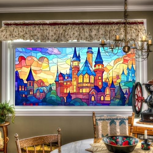 HOMETITUTE Rainbow Castle Stained Glass Window Cling 39.3x17.7 Inch PVC by HOMETITUTE