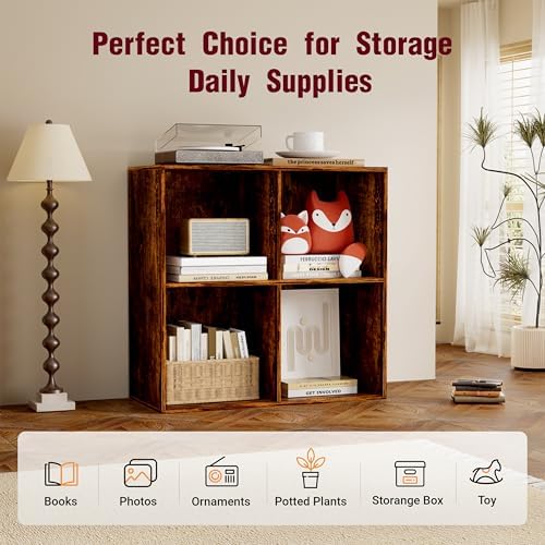 Book Shelf, Wooden Cube Storage Organizer with 11" Open Cubes, Stackable Bookcase for Room Divider Storage, 2 Tier Bookshelf for Living Room, Bedroom, Office (Indonesian Antique Oak, 4-Cube) - Image 6