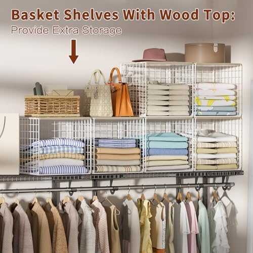 Hencawima 6 Pack Stackable Closet Organizer, Closet Organizers and Storage Shelves with Wood Tops, Metal Storage Bins for Closet Shelves, Sweater and Clothing Storage for Wardrobe, White - Image 7