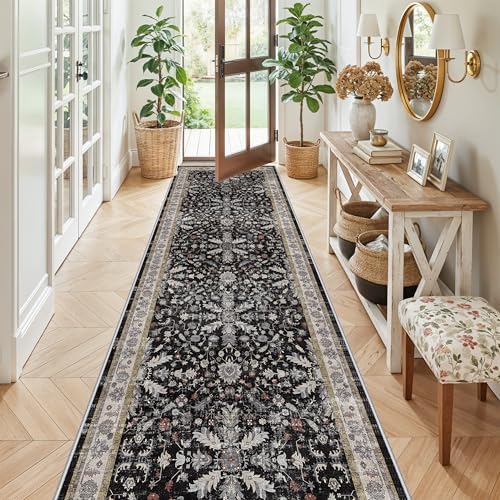 3x10 ft Long Kitchen Runner Rug – Non-Slip Washable Hallway Carpet Runner with Rubber Backing, Boho Floral Low Pile Thin Wide Runners for Entryway Indoor（Black,3x10） by BYYVOORugsforYourHome