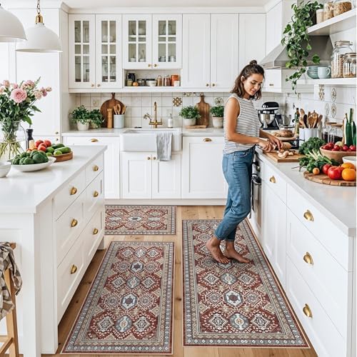 Washable Non-Slip Kitchen Rugs Set of 3 – Boho Soft Mats and Runner for Bathroom, Entryway, Hallway Room – Stain-Resistant Low-Pile Indoor Carpet (Red, 2x3+2x4+2x5) - Image 3