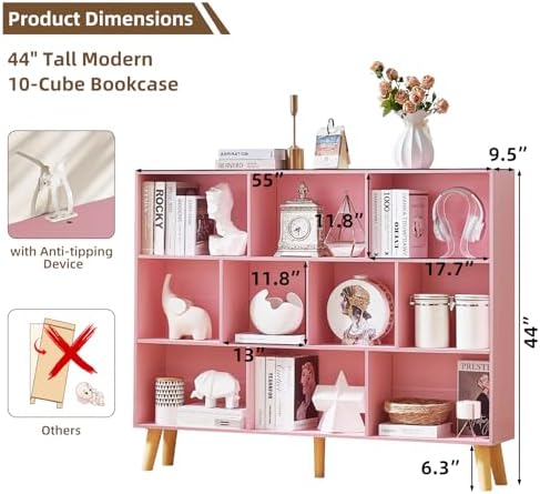 LEYAOYAO 10 Cube Bookshelf,Mid-Century Modern Bookcase with Legs,Light Pink - Image 2