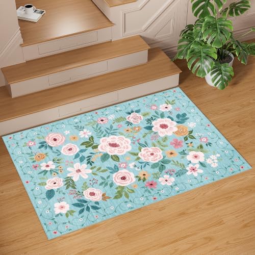 DUKINO 2x3 Entryway Rug, Floral Door Mat Soft Washable Rug Non Slip, Teal - Image 6