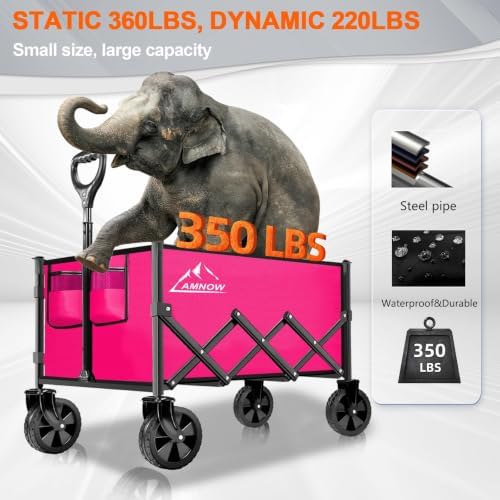 AMNOW 100L Collapsible Wagon Cart with All Terrain Wheels, 350LBS, Rose - Image 2
