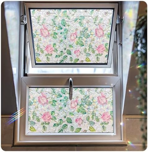 Retro Flowers Window Privacy Film, Magnolia Stained Glass Decorative Window Film for Glass, Rainbow Stained Window Cling Sticker Floral Removable Static Cling for Window (1, Roses, 17x78.7in) - Image 7