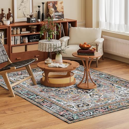 Washable Area Rug 9' x 12' Vintage Traditional Persian Mat - Foldable Distressed Non-Slip Machine Washable Carpet for Living Room Bedroom Kitchen Home Decor - Slate and Multicolor - Image 2