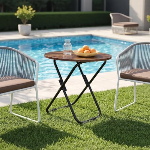 VECELO 17.7" Folding Table Set of 2, Small Round Patio Outdoor Side Table, Foldable Wooden Table with Weather Resistant Steel Frame, Patio Table for Camping Picnic Garden Living Room Bedroom - Image 4