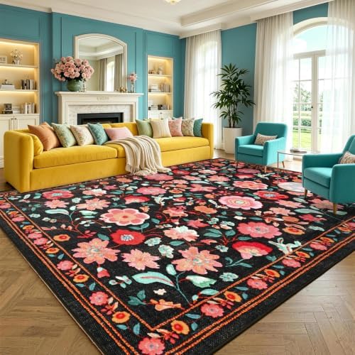 8x10 Ft Washable Area Rug for Living Room Black Vintage Floral Carpet by Lo%CC%80utiRootHome