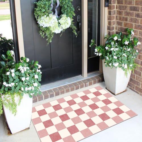 Front Door Mat Outside Entrance - 2x3 Cute Pink White Checkered Rug - Image 4