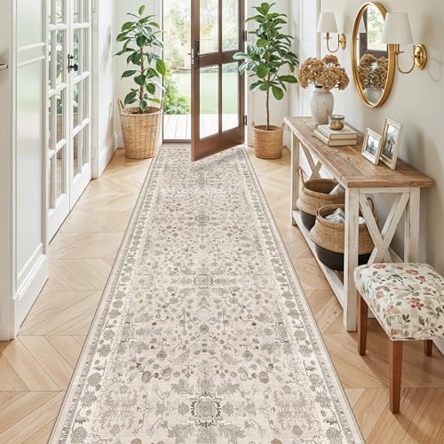 3x10ft Hallway Runner Rug Non-Slip Washable – Soft Long Carpet Runner for Kitchen Indoor Entryway,Boho Floral Low Pile Thin Wide Rug Runner with Rubber Backing (Beige,3x10) by BYYVOORugsforYourHome