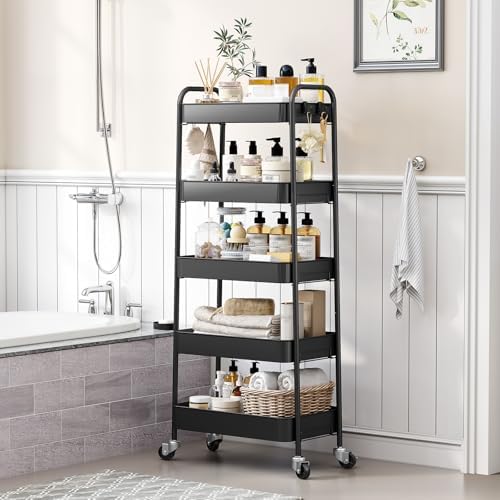 TOOLF 5-Tier Metal Rolling Cart with Wheels, Storage Utility Organizer Cart for Kitchen, Bathroom, Office, Baby Essentials & Makeup - Lockable Casters, Easy Assembly, Large Capacity, Black - Image 5