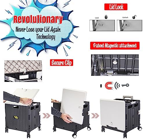 dbest Products Quik Cart Swing Lid Four Swivel Wheeled Rolling Crate Teacher Utility with seat Heavy Duty Collapsible Basket with Dual Telescopic Wagon Handle - Image 2