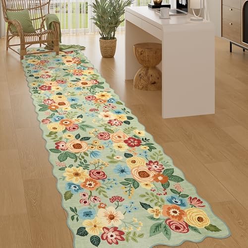 DUKINO 2.6x10 Runner Rug for Hallway, Floral Washable Rug Non Slip, Green by DUKINO