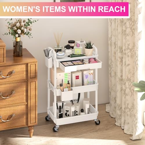 Goovilla 3 Tier Rolling Utility Cart Organizer with Removable Drawer, White - Image 5