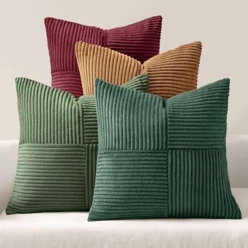 MIULEE Boho Christmas Green Decorative Throw Pillow Covers 18x18 Set of 4 Farmhouse Cushion Covers Color-Clash Corduroy Pillow Cases Modern Soft Corduroy Patchwork Home Decor for Couch Sofa Bedroom by MIULEE
