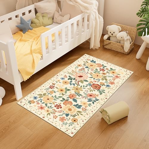 DUKINO 2x4 Entryway Rug, Floral Washable Kitchen Rugs Non Slip Beige Yellow - Image 3