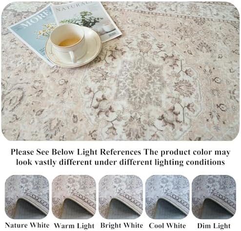 7x10 Area Rug for Living Room: Washable Neutral Vintage Large Rugs for Bedroom, Office, Dining Room, Kids Room, Farmhouse Durable Low Pile Non Slip Carpet for High Traffic Areas(7x10 Beige) - Image 3