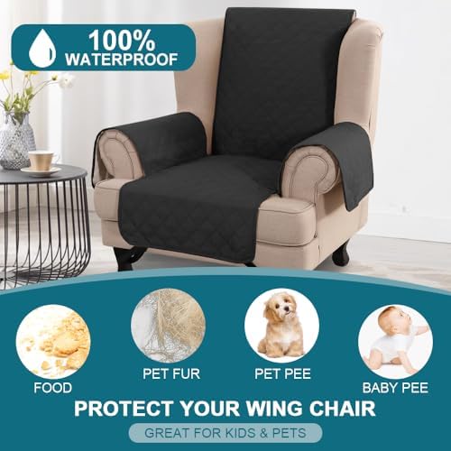 Turquoize 100% Waterproof Wing Chair Cover Wing Armchair Slipcovers, Black - Image 2