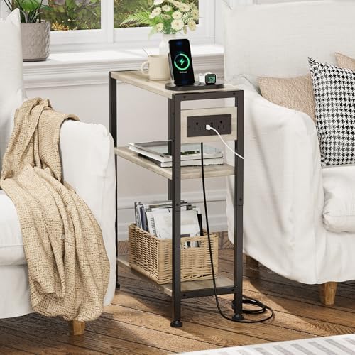 End Table with Charging Station, 3-Tier Side Table for Small Space, Skinny Nightstand with USB/Type C Port and 2 Outlets, Slim Sofa Beside Table for Living Room, Bedroom and Balcony, Greige - Image 4