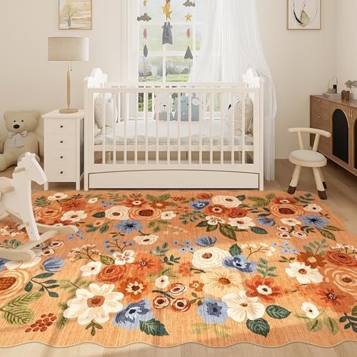 DUKINO 6x9 Area Rugs, Floral Washable Rug for Living Room Non Slip, Orange - Image 5