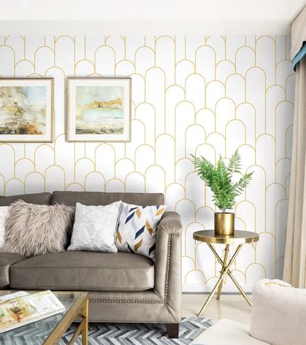 Yasinet Peel and Stick Wallpaper White and Gold Wallpaper Geometric Contact Paper Modern Stripe White Gold Removable Self Adhesive Wall Paper Decorative Wall Bedroom Vinyl Film 17.3''x118'' - Image 4