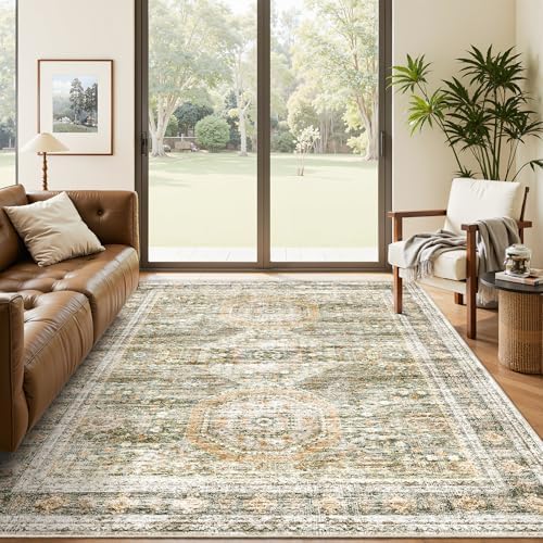 Soalmost 5x7 Area Rug Green/Orange Low Pile Washable Trendy Faded Style Rug by Soalmost