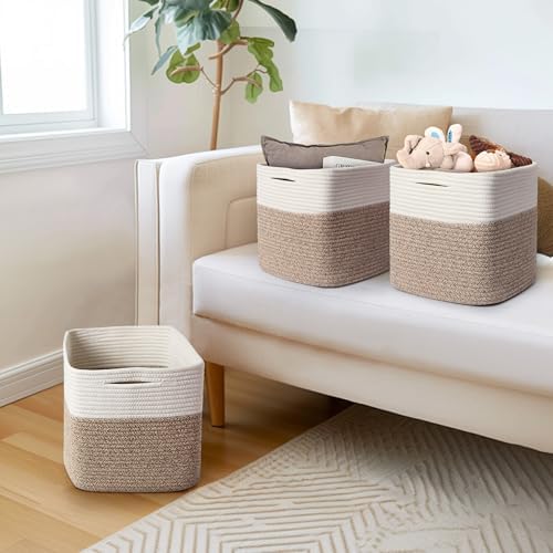 11x11 Cube Storage Bin - 3 Pack Woven Storage Cubes Organizer, 11 Inch Cotton Rope Baskets for Organizing, Square Baskets for Shelves, Baby Nursery Closet Bins, Cubby Toy Box Organizer - Image 7