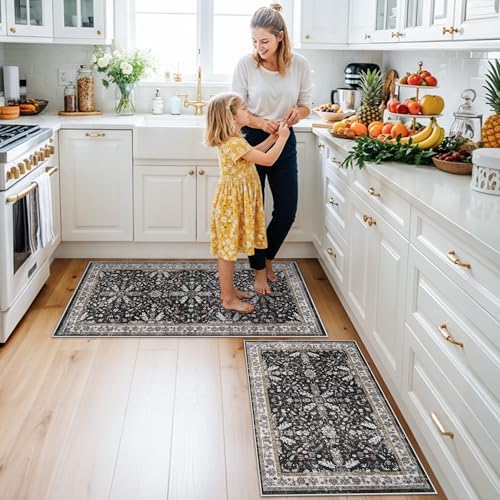 Kitchen Rugs Set of 2 Washable Non Slip – Soft Low Pile Boho Floral Decorative Area Rugs & Runner Mats for Kitchen Floor, Entryway, Hallway, Doorway & Bathroom – Indoor Small Rugs (Black, 2x3+2x4) - Image 3