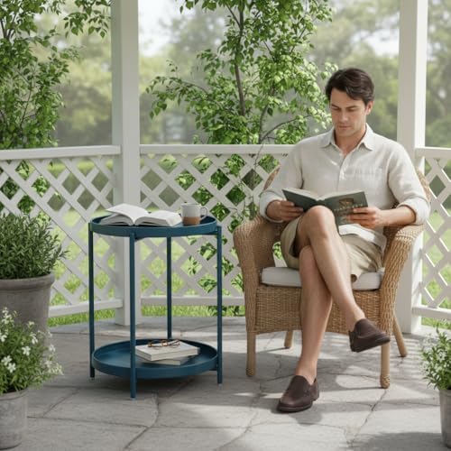 danpinera 2-Tier End Table, Outdoor Side Table Metal Round Side Table with Removable Tray, Small Accent Table, Anti-Rust Nightstand for Bedroom Balcony Patio Living Room (Navy Blue) - Image 2