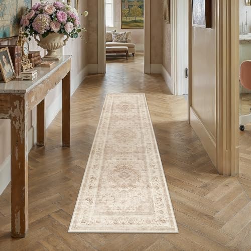 2'6x8 Beige Washable Runner Rug Non Slip Vintage Carpet - Image 3