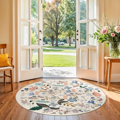 Washable Floral Round Rugs for Bedroom - 4x4 Feet Circle Area Rugs for Living Room Nursery Non-Slip Stain Resistant Ultra Soft Carpet for Teen Girls and Boys Dorms Home Decor Aesthetic(4ft,Cream) - Image 3