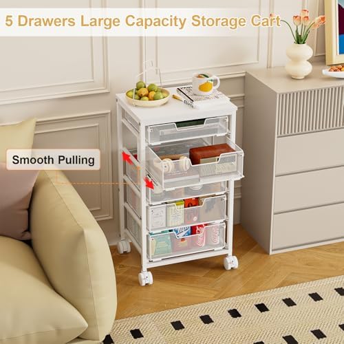 Sbanmao 5 Drawers Rolling Utility Cart, Storage Drawer Cart with Wooden Top, Rolling Storage Cart on Lockable Wheels, Metal Utility Cart & Craft Storage Cart for Bedroom, Classroom, Office, White - Image 4