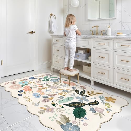 Washable 3x5 Entryway Area Rugs: Ultra Soft Floral Carpet for Kitchen Nursery Indoor Light-Weight Doormat Anti-Slip Elegance Rug for Living Room Bedroom Small Foldable Vintage Floor Mat(3x5,Cream) - Image 4